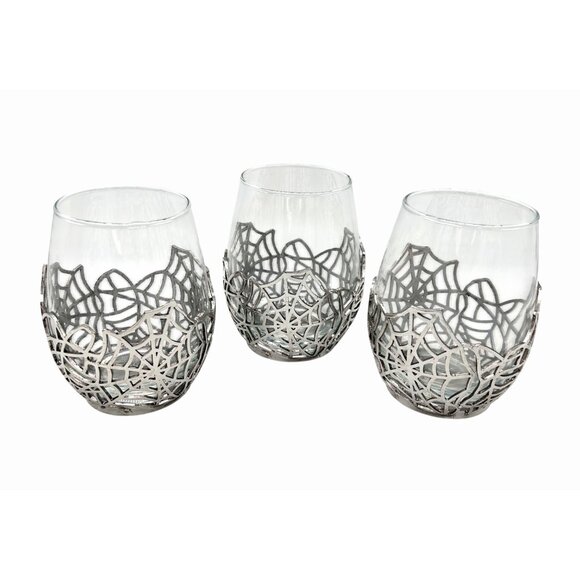 NWT SET OF 3 LARGE SILVER METAL SPIDERWEB STEMLESS WINE WATER GLASSES HALLOWEEN - Picture 2 of 7
